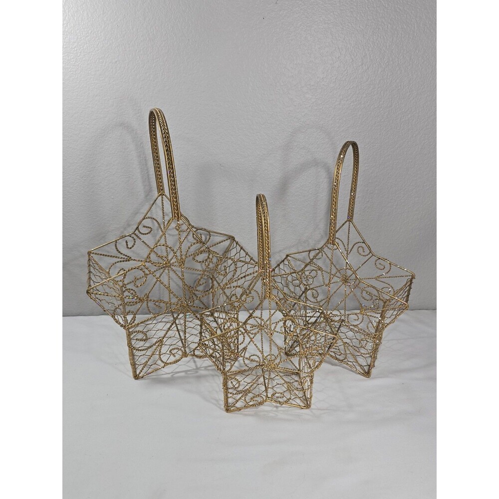 3 Star Stacking Gold Tone Wire Star Metal Baskets Glitter Holiday Christmas